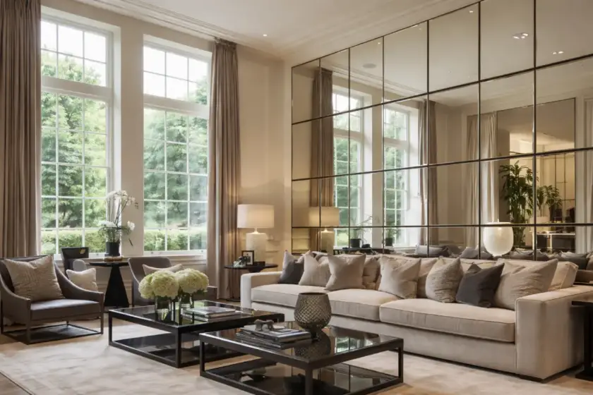 natural light for home living room with large windows and mirror reflection