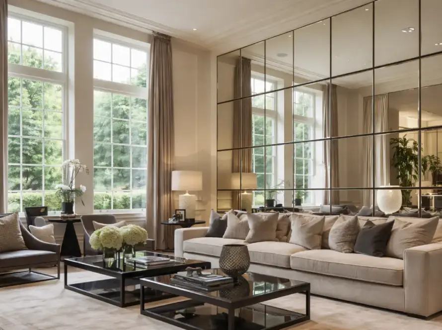 natural light for home living room with large windows and mirror reflection