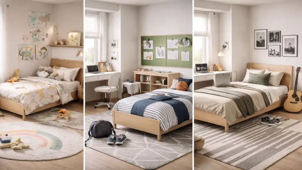 Designing a Kids’ Room That Grows With Your Child’s Needs: 8 Smart Interior Design Secrets for Long-Term Success 1 Kids bedroom interior design styled three different ways for toddler, school age child, and teen using the same neutral furniture base