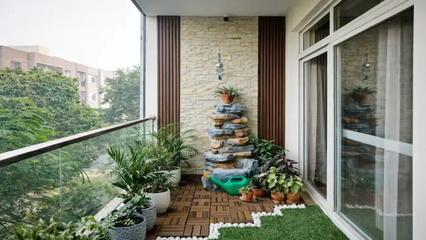 Modern small balcony makeover with wooden decking, vertical garden wall and built-in seating in apartment