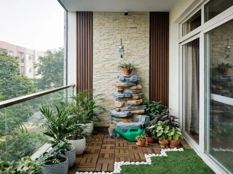 Modern small balcony makeover with wooden decking, vertical garden wall and built-in seating in apartment