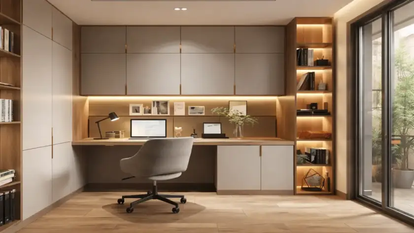 Small office wall design with built-in cabinets and integrated LED lighting