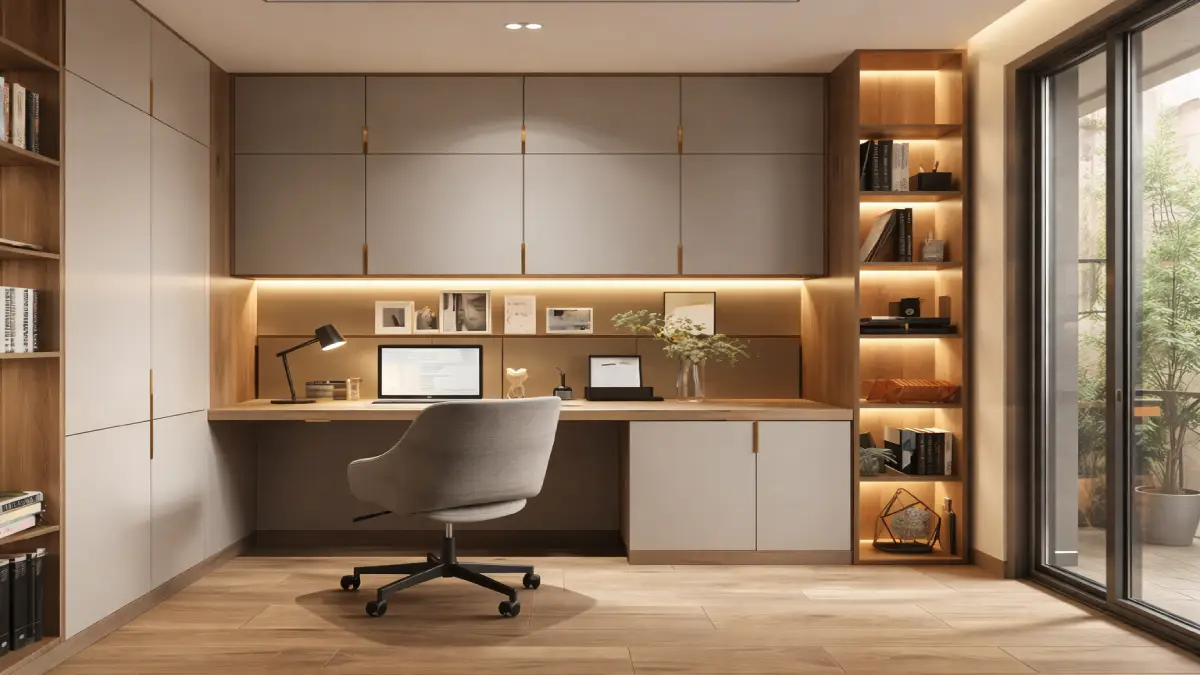 Small office wall design with built-in cabinets and integrated LED lighting