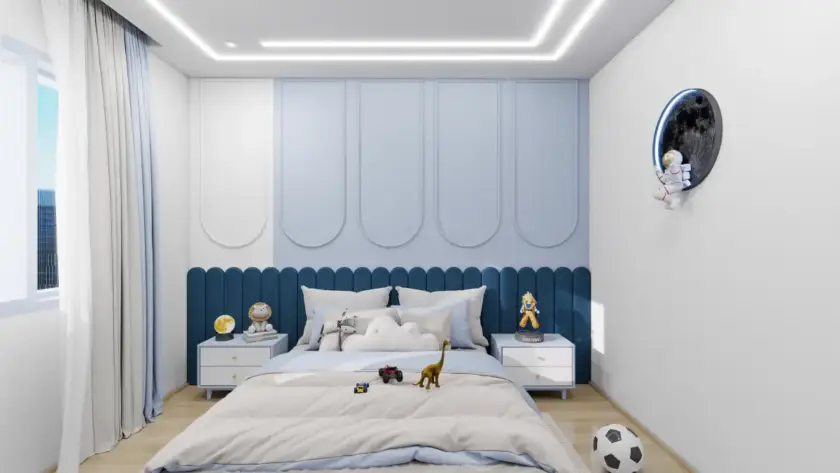 Timeless kids bedroom interior design with neutral colors, minimalist furniture, and built-in storage