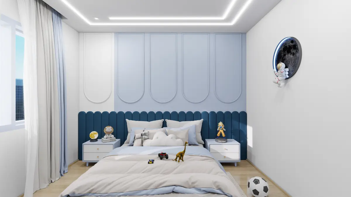 Timeless kids bedroom interior design with neutral colors, minimalist furniture, and built-in storage