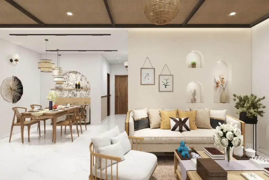 Minimalist Japandi furniture design with wooden sofa and dining set in neutral tones