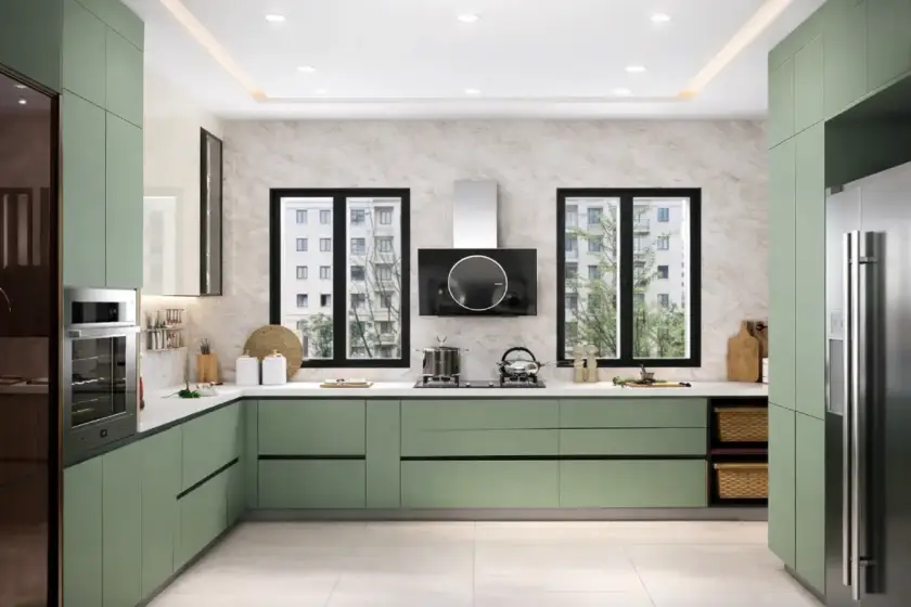 modern acrylic modular kitchen with high gloss finish and sleek cabinets