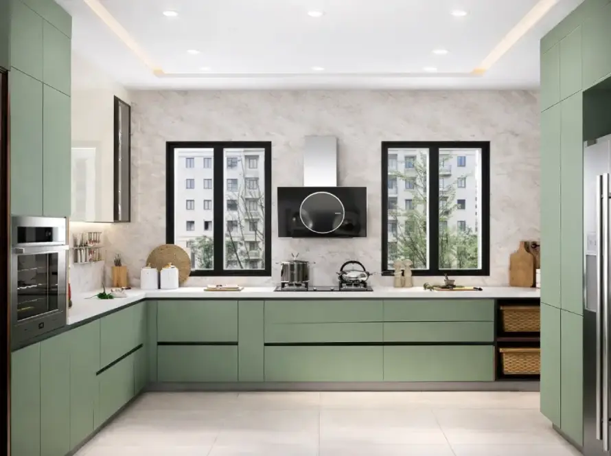 modern acrylic modular kitchen with high gloss finish and sleek cabinets