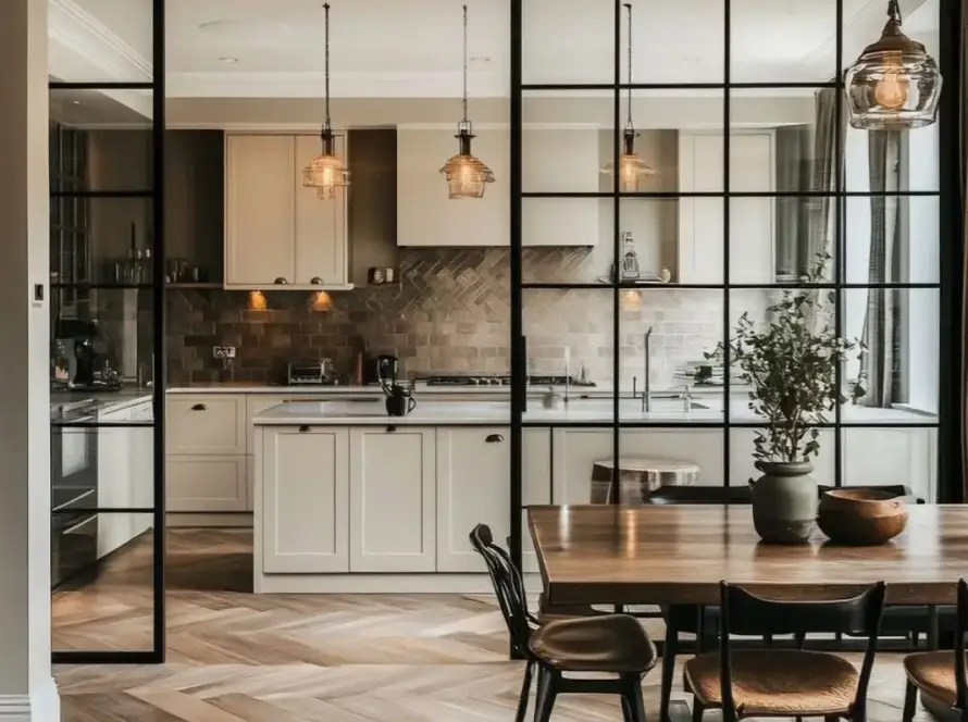 black frame glass partition kitchen separating dining and cooking area in modern home