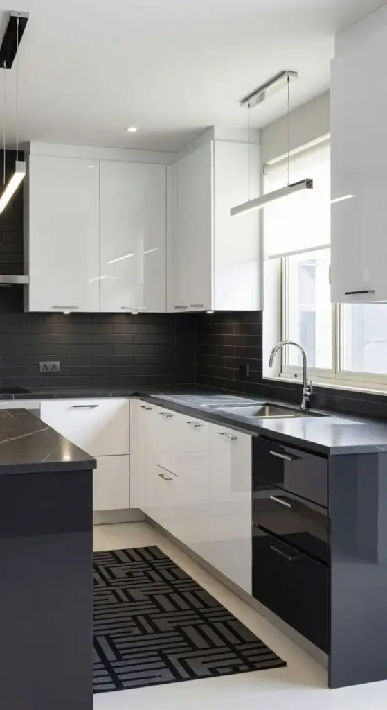 black and white acrylic modular kitchen with glossy cabinets and modern design