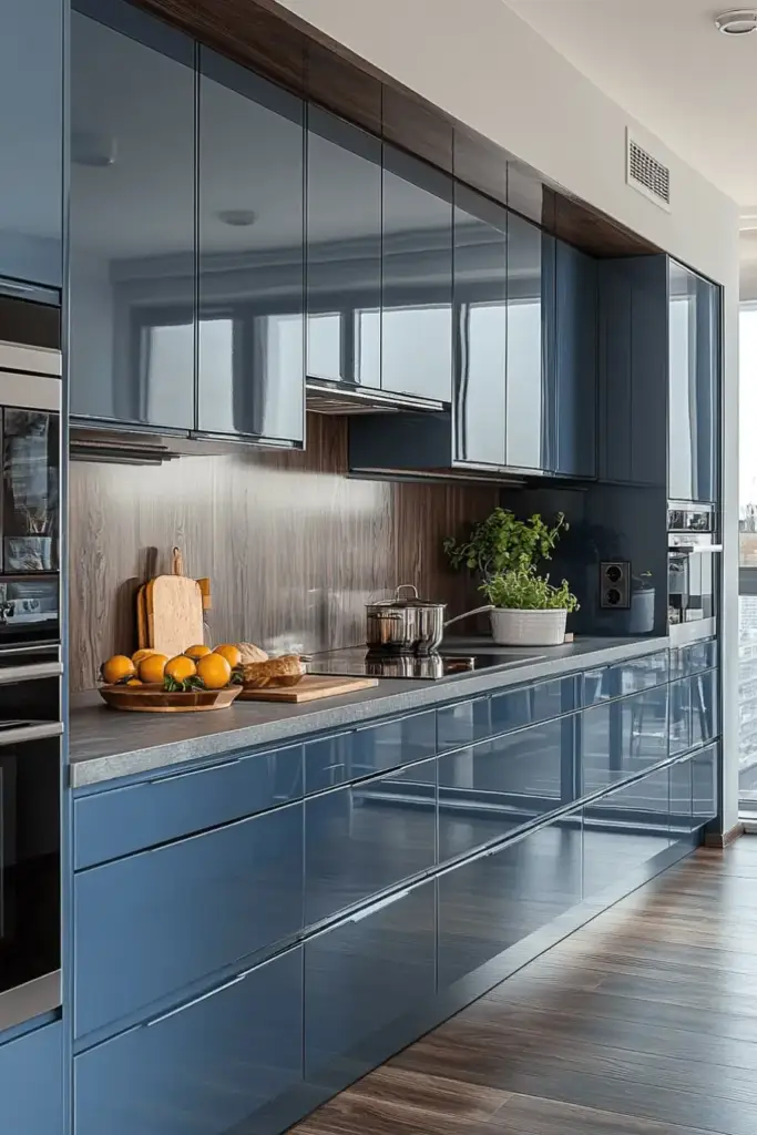blue acrylic modular kitchen with glossy cabinets and modern design