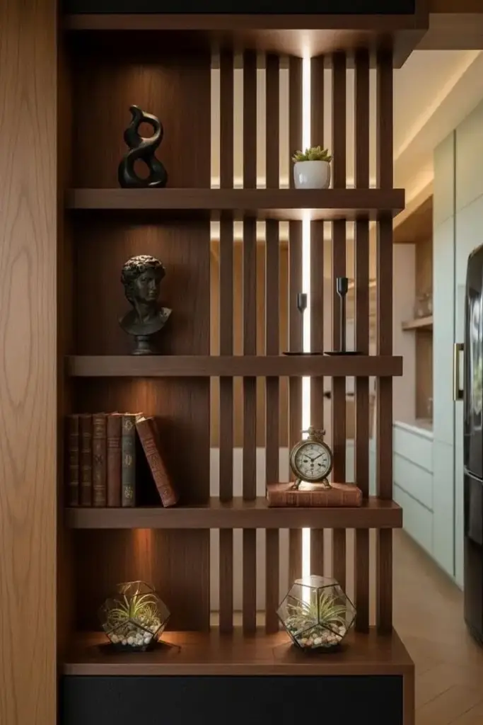Creative Unique Partition Design: Stylish Ways to Divide Modern Home Spaces 4 modern bookshelf partition design with wooden slats and display shelves