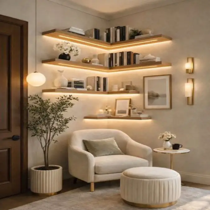 corner shelving units design for bedroom with wall mounted shelves