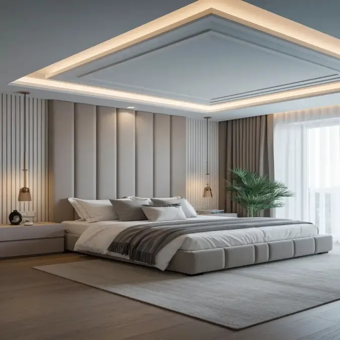 cove lighting ceiling design for bedroom with indirect LED lighting