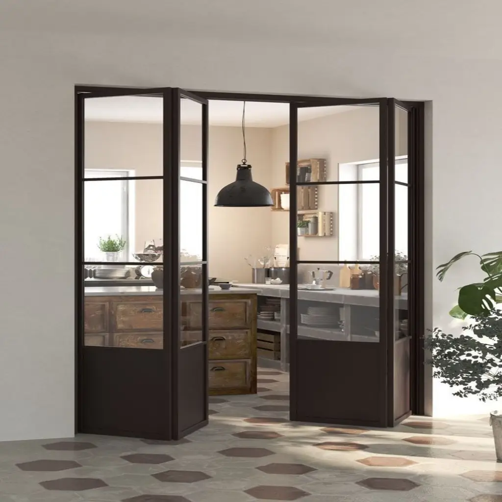 folding glass partition door connecting kitchen and living space with black frame design