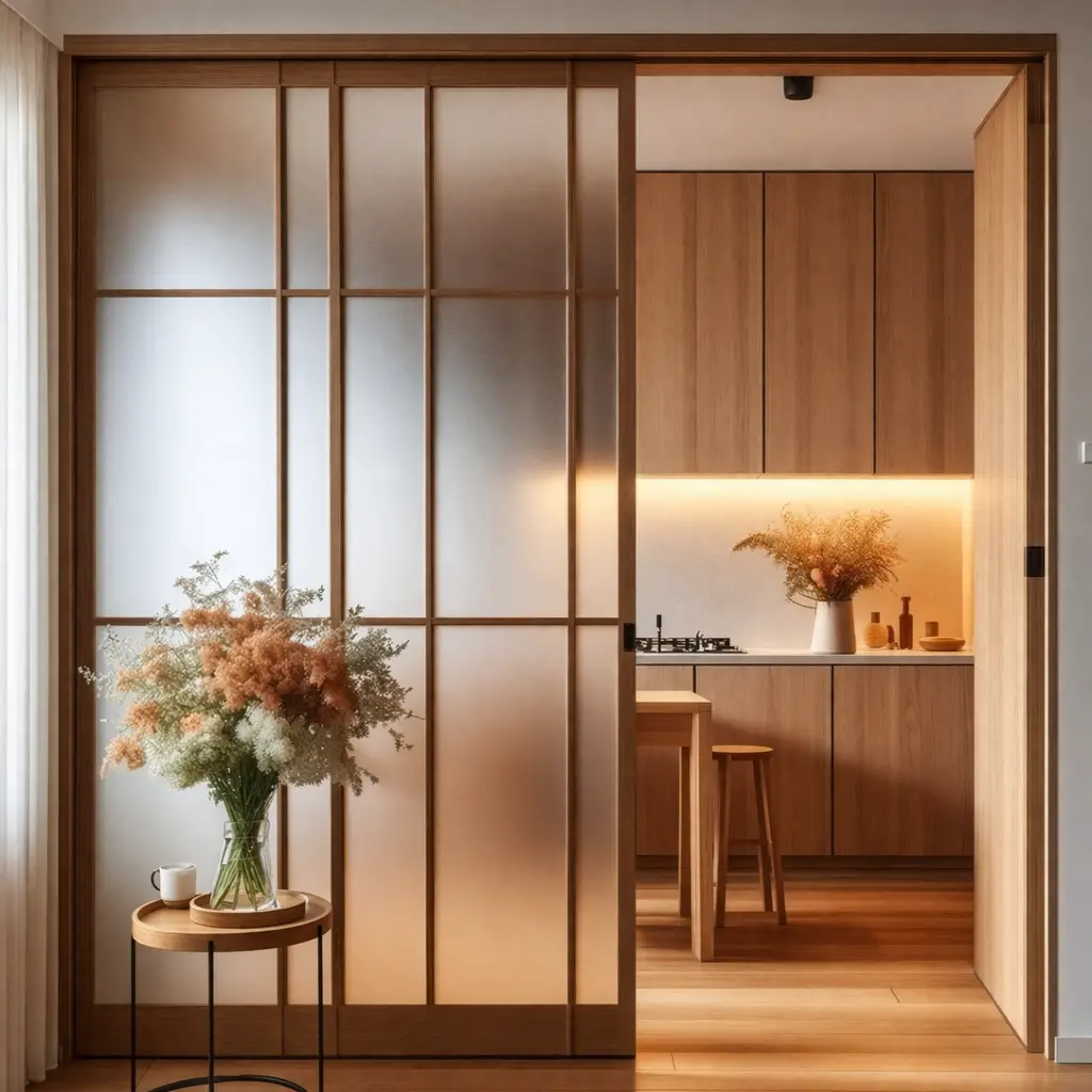 frosted glass partition kitchen with wooden frame and soft lighting in modern home