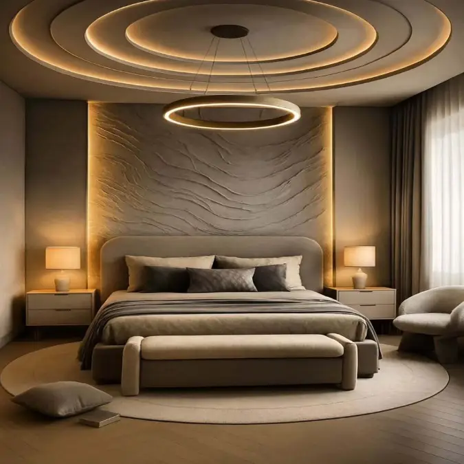 geometric ceiling pattern design for bedroom with circular layered lighting