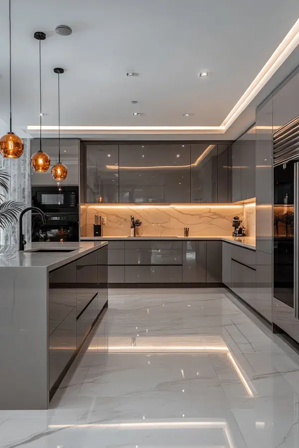 grey acrylic modular kitchen with glossy cabinets and modern lighting design