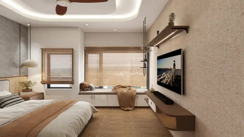 Japandi bedroom with neutral and earthy color palette featuring wooden textures and soft lighting