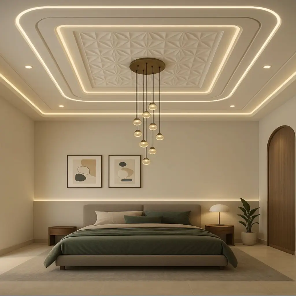 layered false ceiling design for bedroom with cove lighting and chandelier