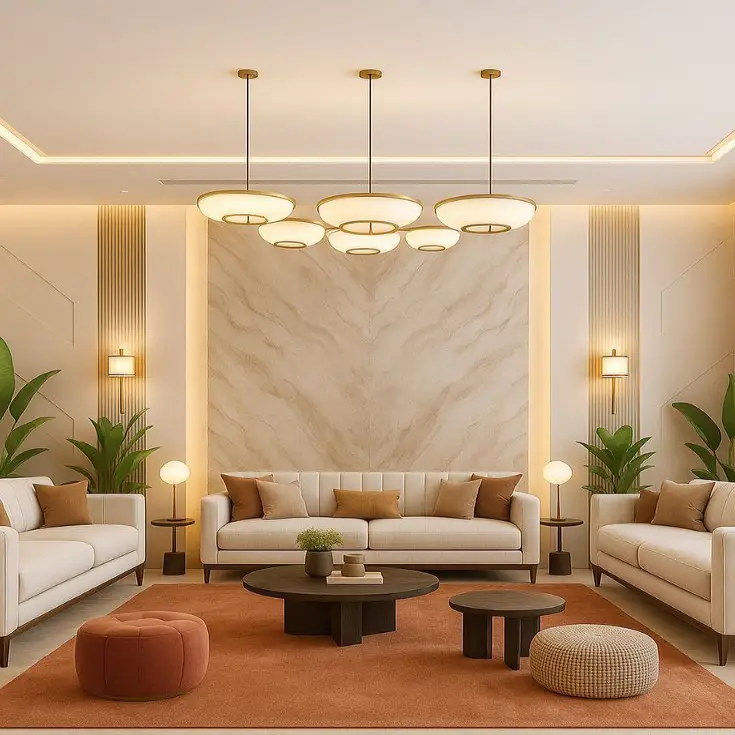 PVC Panelling Design for Living Room: Stylish and Affordable Wall Ideas 2 marble finish pvc wall panel living room design with warm lighting