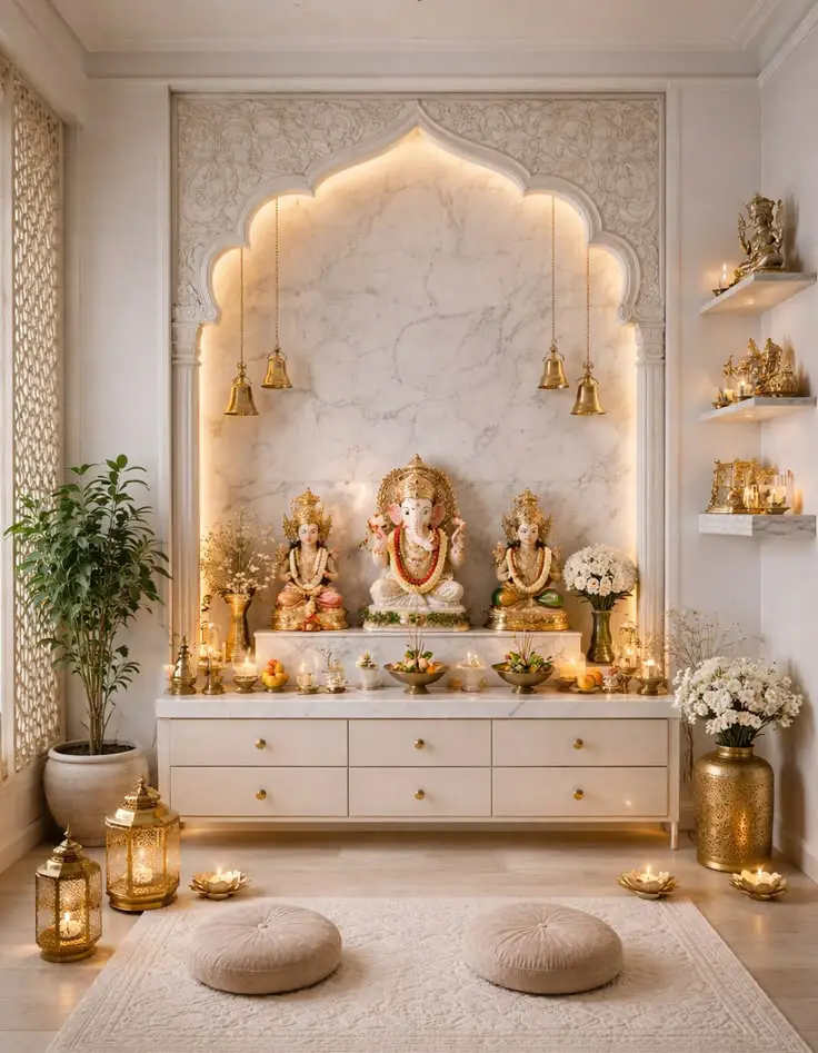 Luxury marble pooja room interior design with backlit panel