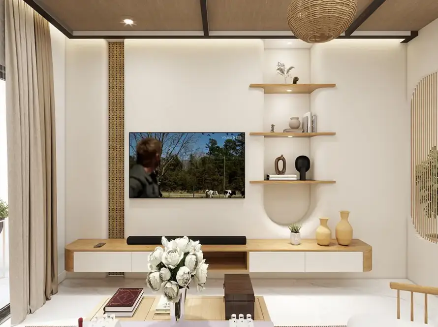 modern gypsum tv unit design with floating shelves