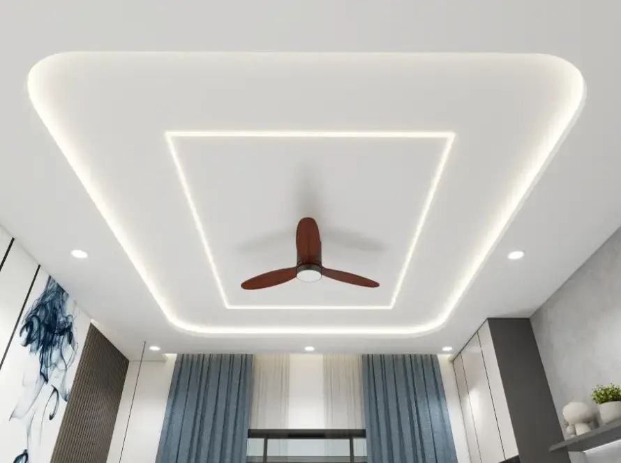 Modern simple POP design for living room with layered ceiling and warm LED cove lighting