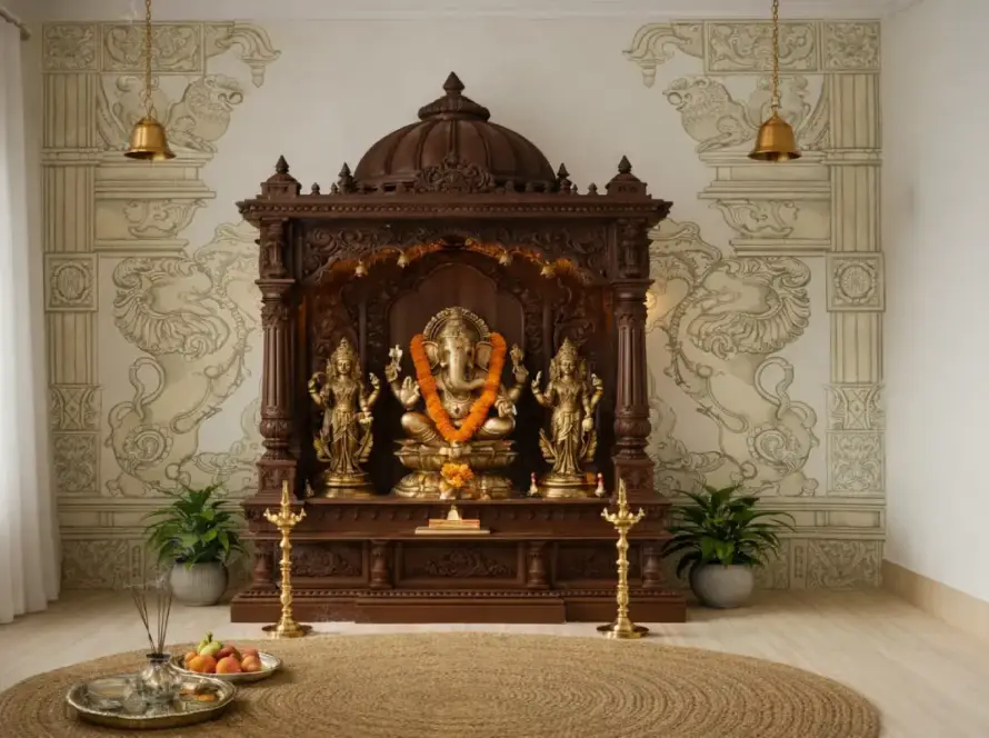 traditional wooden pooja room interior design with ganesha temple