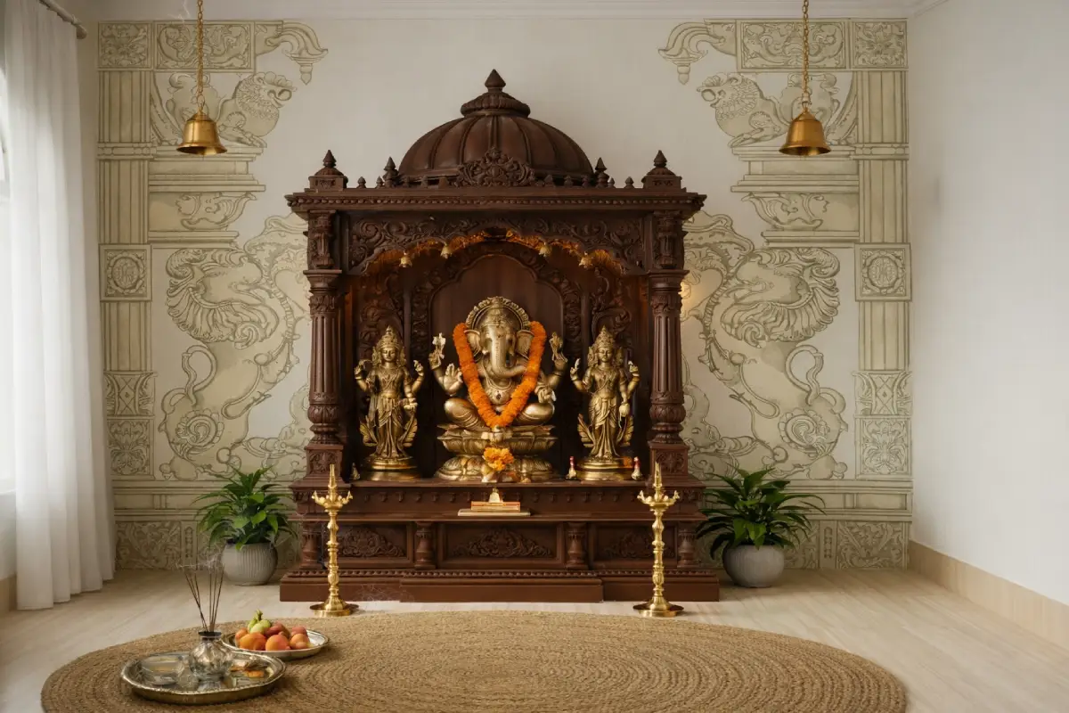 traditional wooden pooja room interior design with ganesha temple