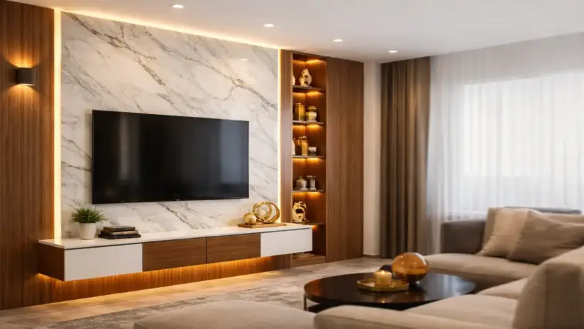 marble finish pvc panel tv wall design for living room
