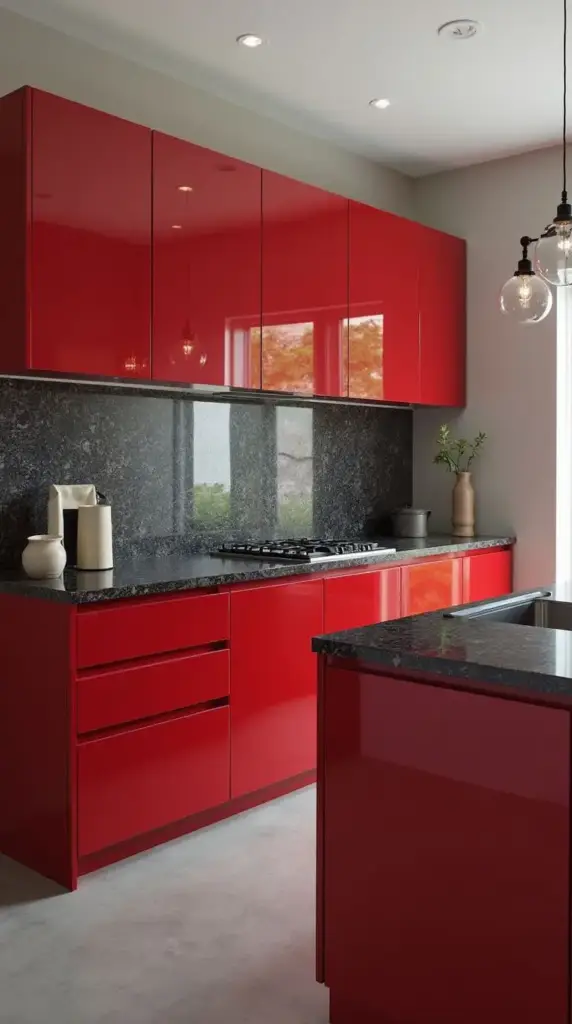 red acrylic modular kitchen with glossy cabinets and modern design