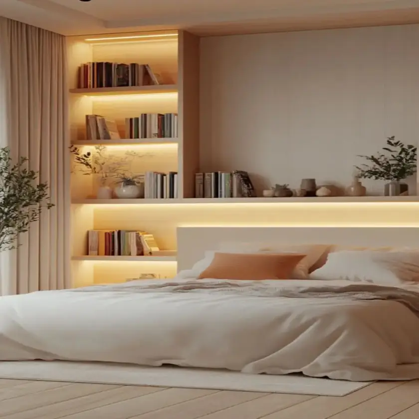 shelving ideas for bedroom with wall mounted shelves and lighting
