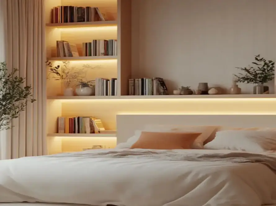shelving ideas for bedroom with wall mounted shelves and lighting