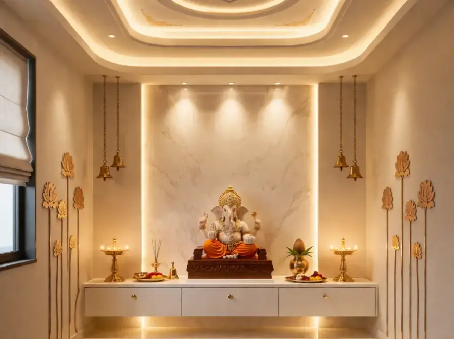 traditional pooja room false ceiling design with cove lighting