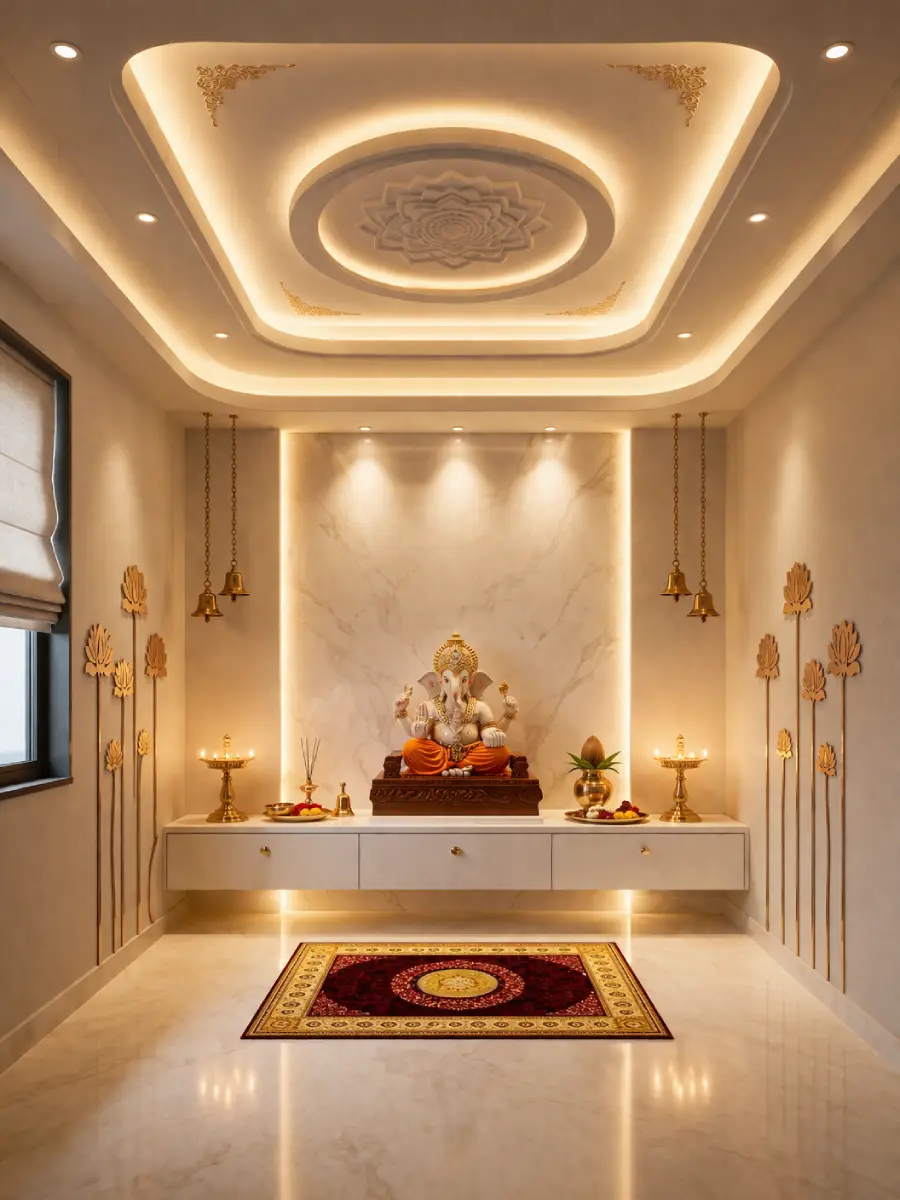 traditional pooja room false ceiling design with cove lighting