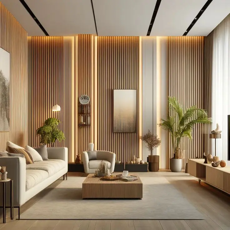PVC Panelling Design for Living Room: Stylish and Affordable Wall Ideas 3 vertical slat pvc wall panel design living room with lighting