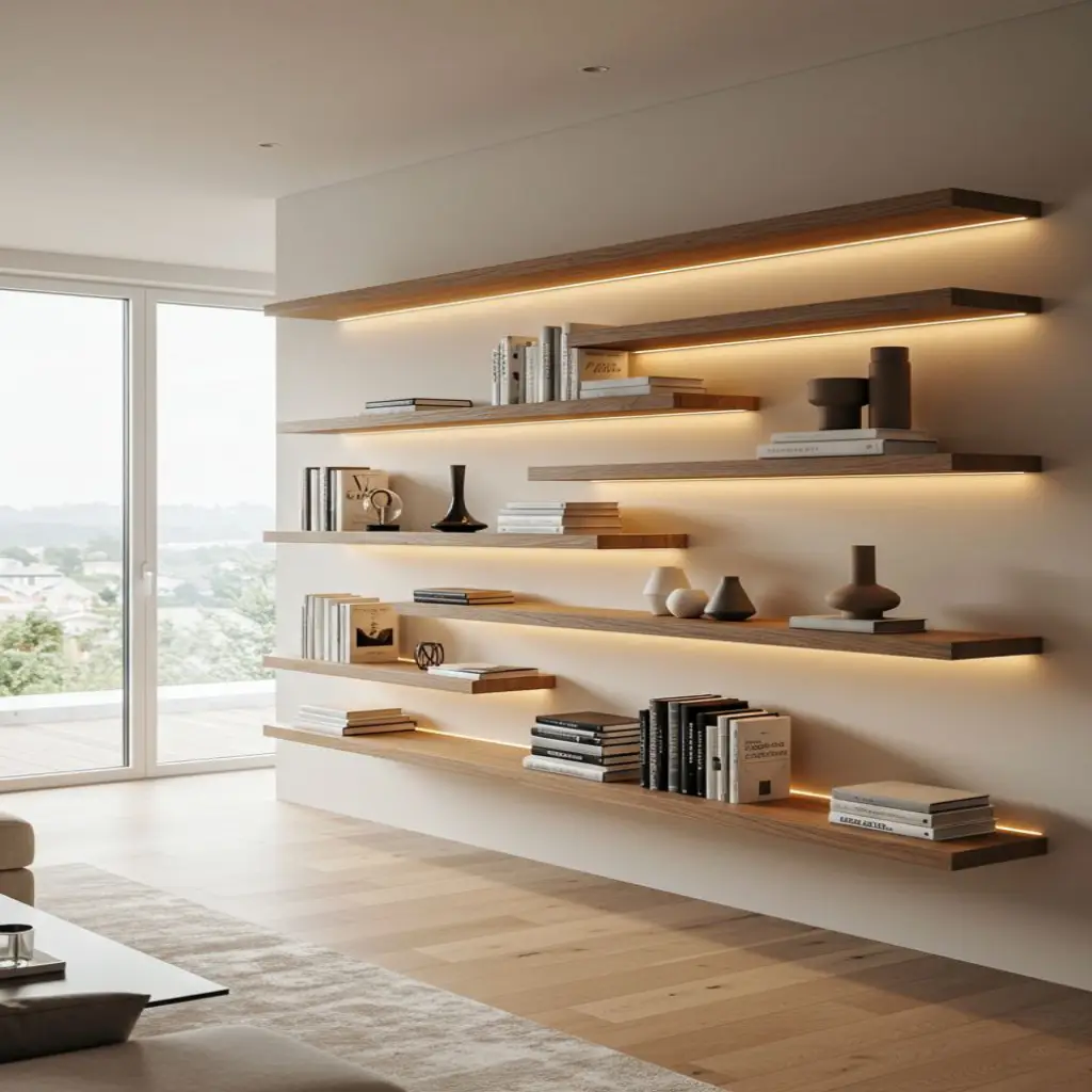 wall mounted floating shelves design for bedroom with lighting
