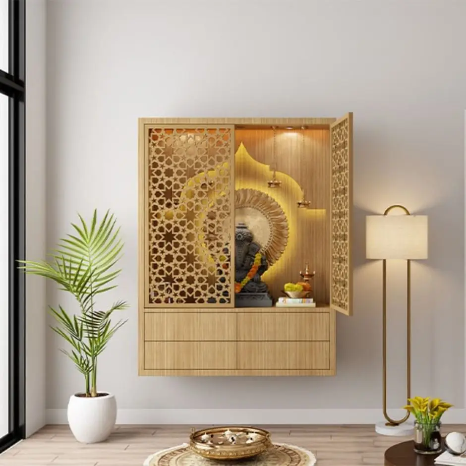 Modern wall-mounted pooja unit design for small apartments