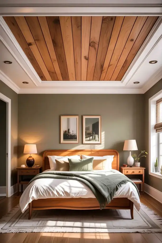 wooden accent ceiling design for bedroom with natural wood panels
