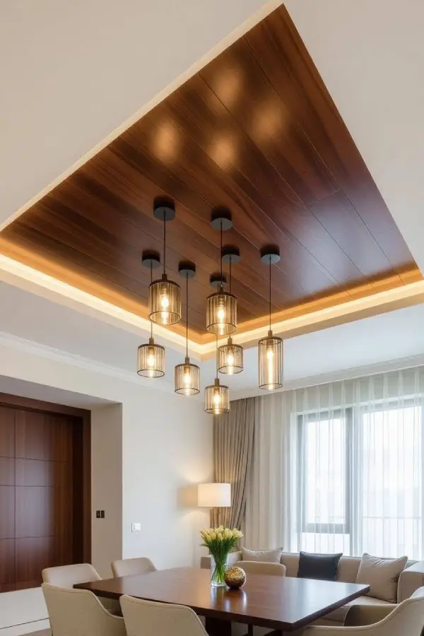 wooden panel false ceiling design for pooja room with cove lighting