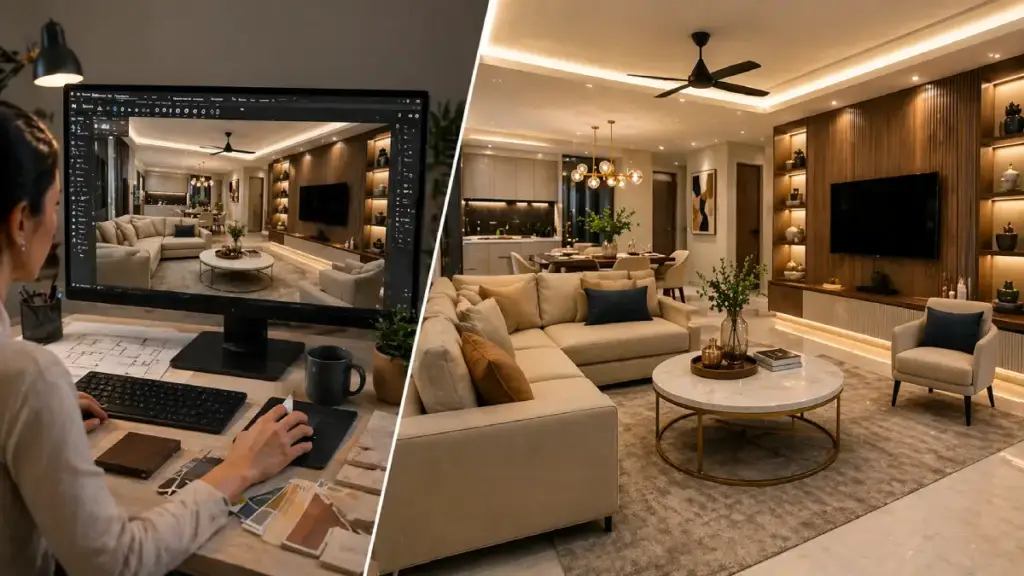 end to end interior design solutions 3d visualization vs real interior comparison