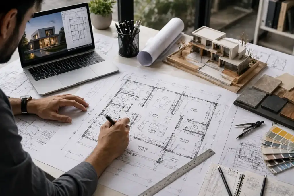 architects and interior designers in Bangalore working on floor plan blueprint design