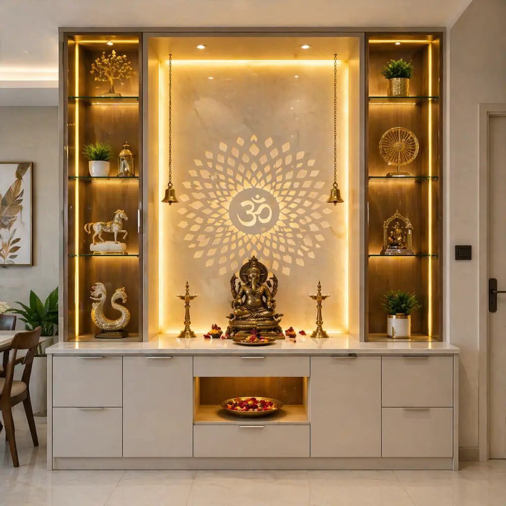 backlit pooja unit with display shelves and LED lighting modern mandir design