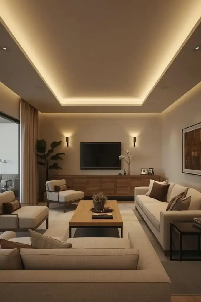 Cove lighting ceiling design with warm LED strip lighting in a modern living room