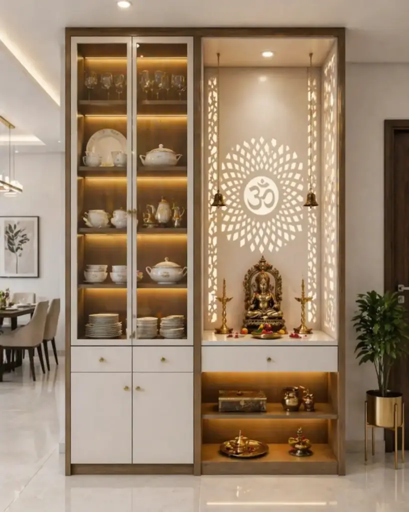 full height crockery unit with pooja storage and glass display cabinet design