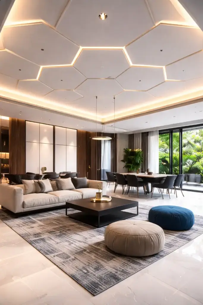 Geometric false ceiling design with hexagonal LED lighting in a modern living room