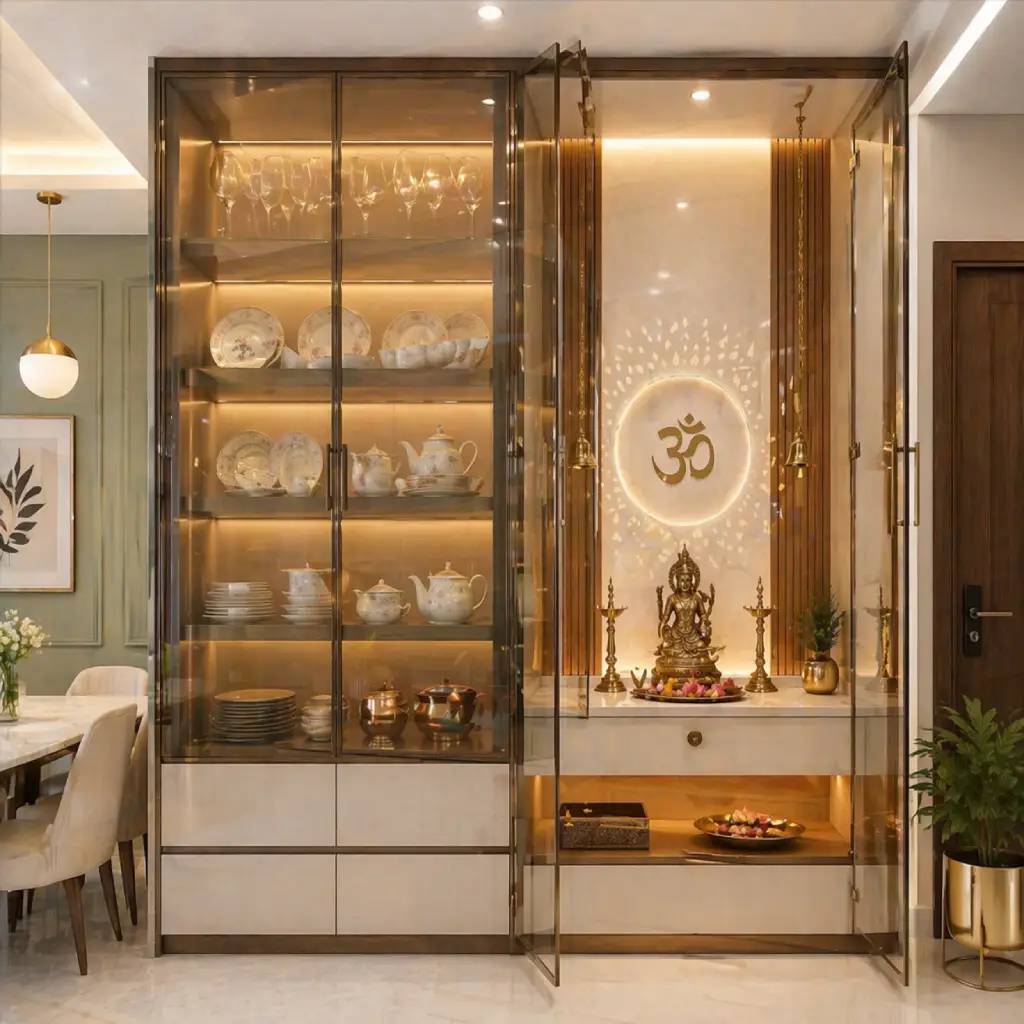 glass partition crockery unit with pooja unit and LED lighting modern design