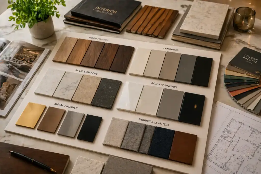 interior material selection board with laminates wood finishes and samples