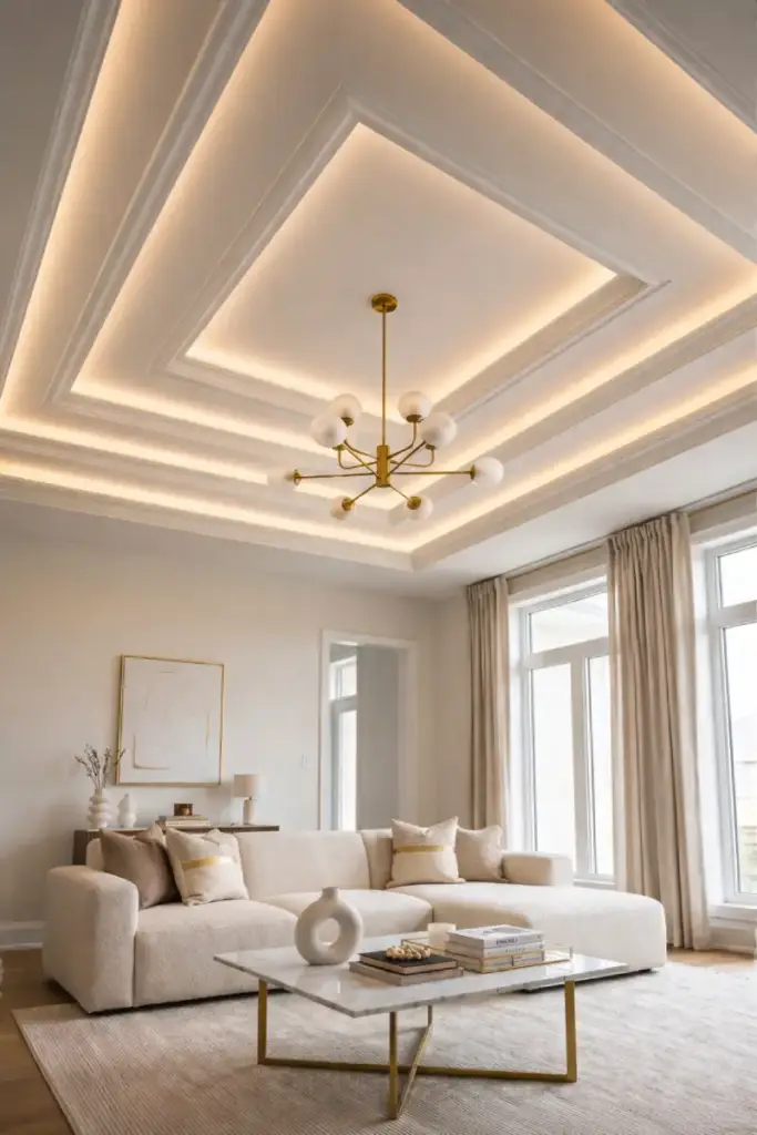 Layered tray ceiling design with cove lighting in a modern luxury interior